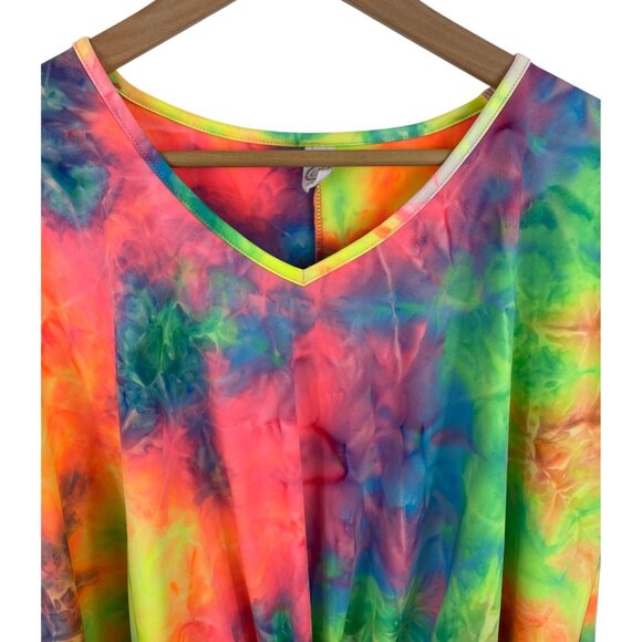 Tie-Dye Rainbow Short Sleeve Tunic Top w/Front Knot Detail Womens Size Large - Picture 2 of 6